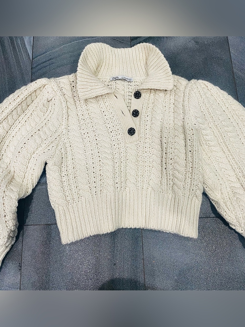 Zara Jewel Button Cable Knit Polo Crop Sweater in Cream Size S
